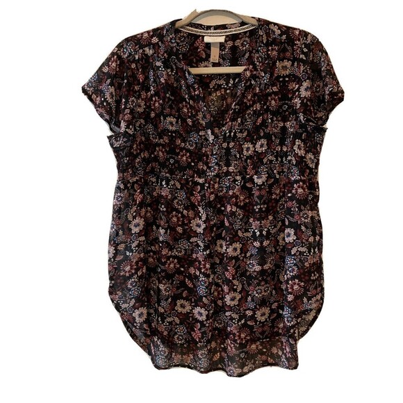 Knox Rose Womens Size Small Multicolor Floral Short Sleeve Split Neck Top Blouse - Picture 1 of 6
